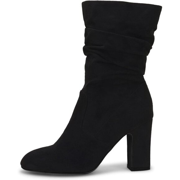 Women's Black Microfiber Mid Calf High Chunky Heel Block Rounded Toe Booties - Picture 4 of 6